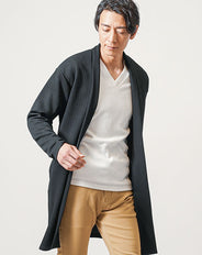 ワッフルジャガード長袖ボタンレスストレッチロングカーディガン