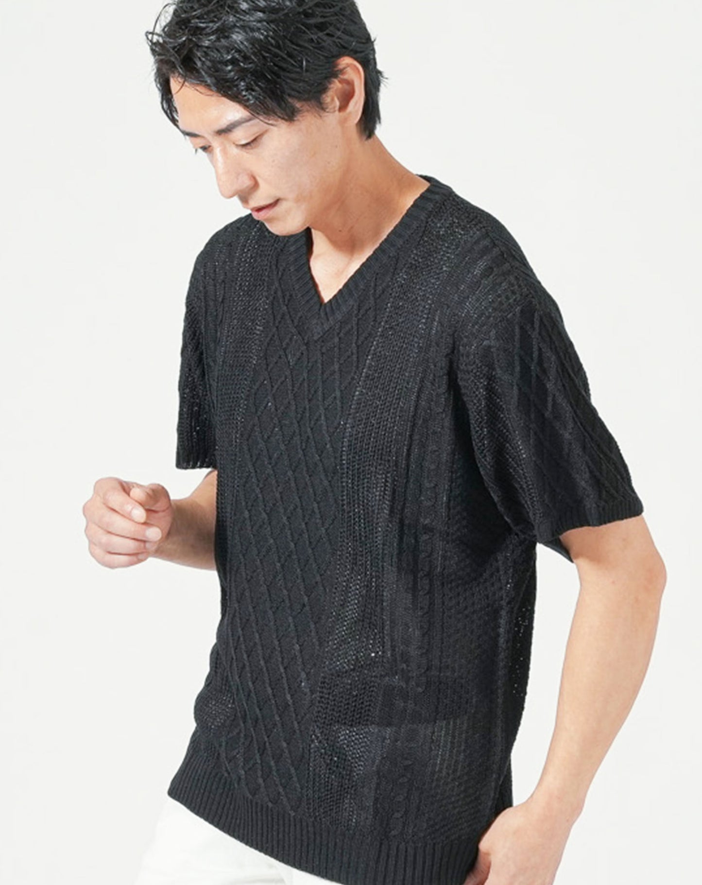 綿麻素材アラン編みⅤネック半袖サマーニット