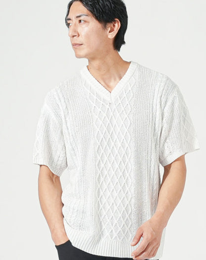 綿麻素材アラン編みⅤネック半袖サマーニット