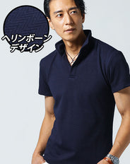 ヘリンボーン編みワイヤー入りスタンドカラー７分袖・半袖ポロシャツ