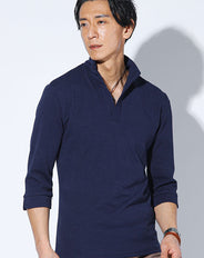 チェック編みワイヤー入りイタリアンスタンドカラーポロシャツ