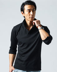 シェブロン編みワイヤー入りスタンドカラー７分袖ポロシャツ