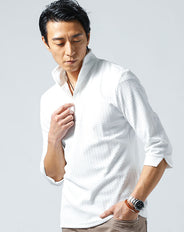 シェブロン編みワイヤー入りスタンドカラー７分袖ポロシャツ