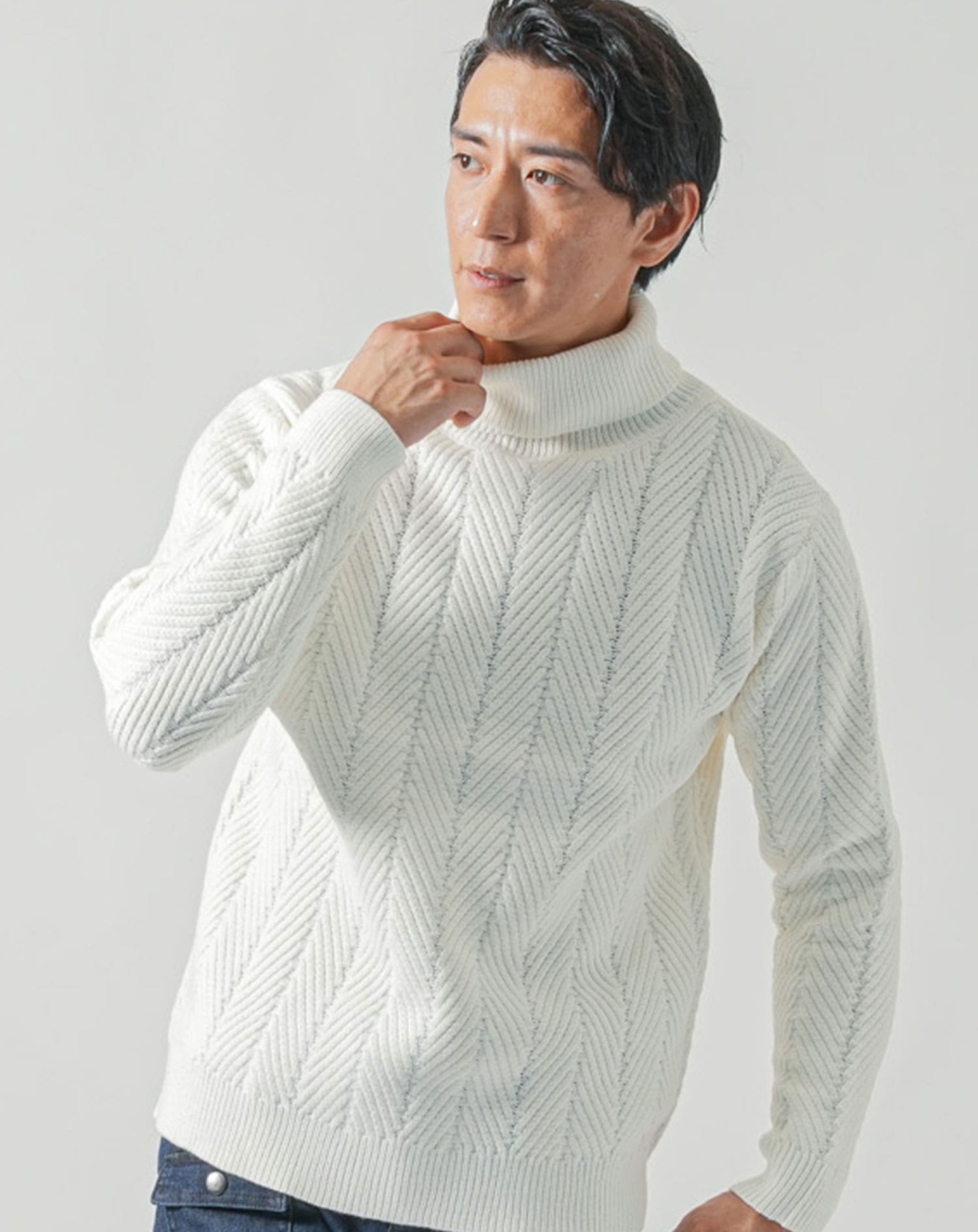 ヘリンボーン編みタートルネックニット タートルネック ニット メンズ
