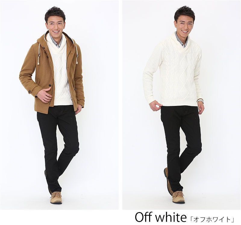 ショールカラー編み込みデザインニット