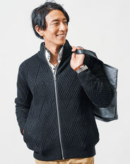 ジグザグ編みスタンドカラージップアップニットアウター