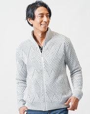 ジグザグ編みスタンドカラージップアップニットアウター