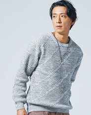 ダイアゴナル編み長袖クルーネックニット