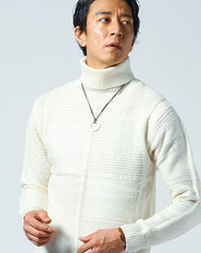 ブロックチェック編み長袖タートルネックニット