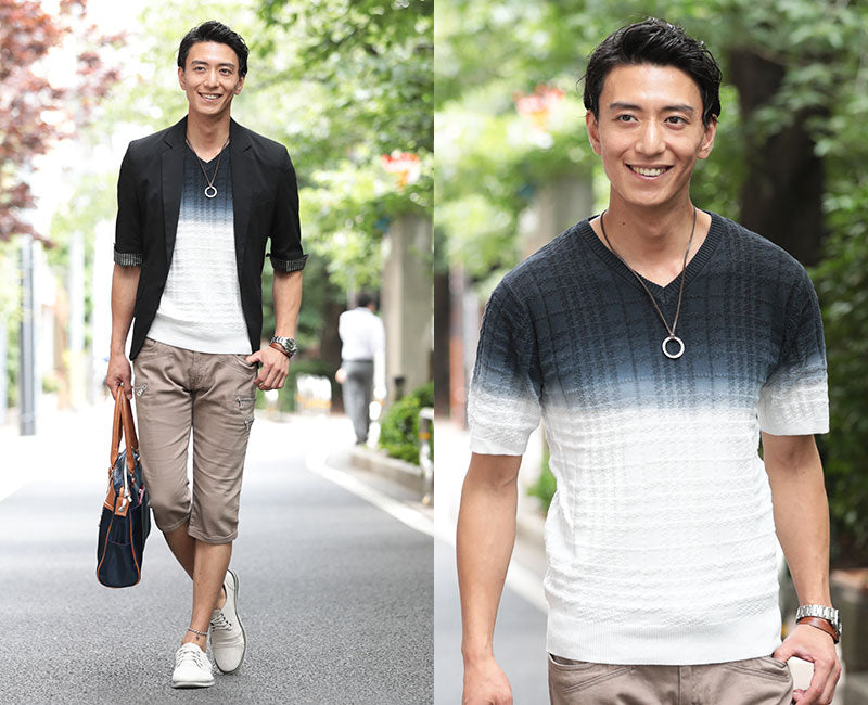 シェパードチェック×グラデーションデザイン半袖ニットソー