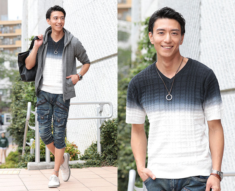 シェパードチェック×グラデーションデザイン半袖ニットソー