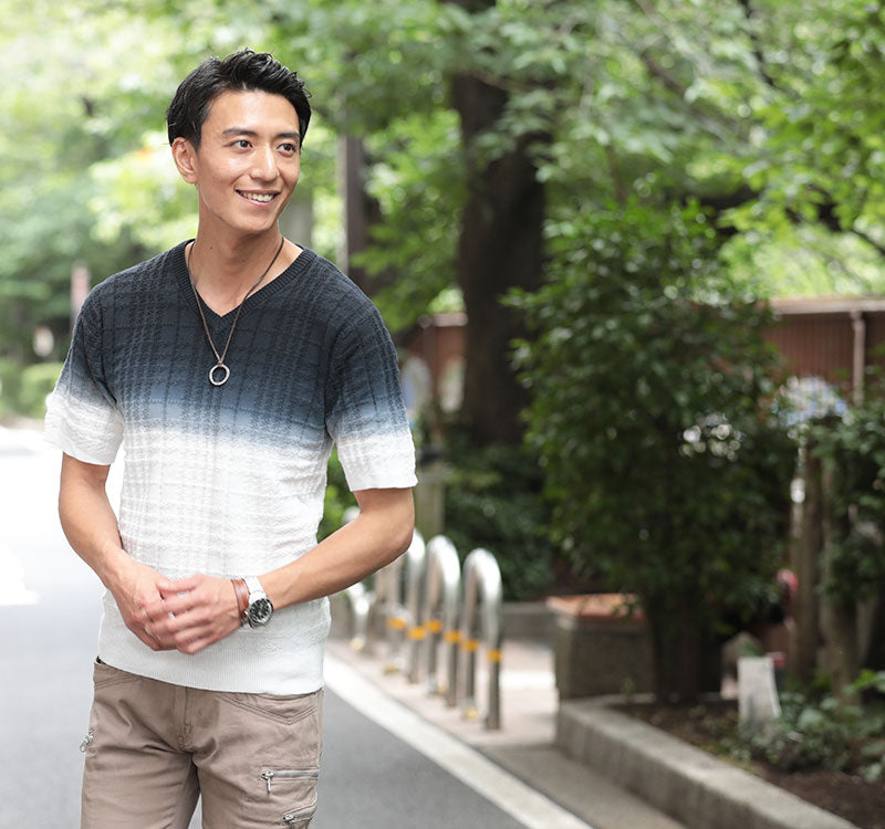 シェパードチェック×グラデーションデザイン半袖ニットソー