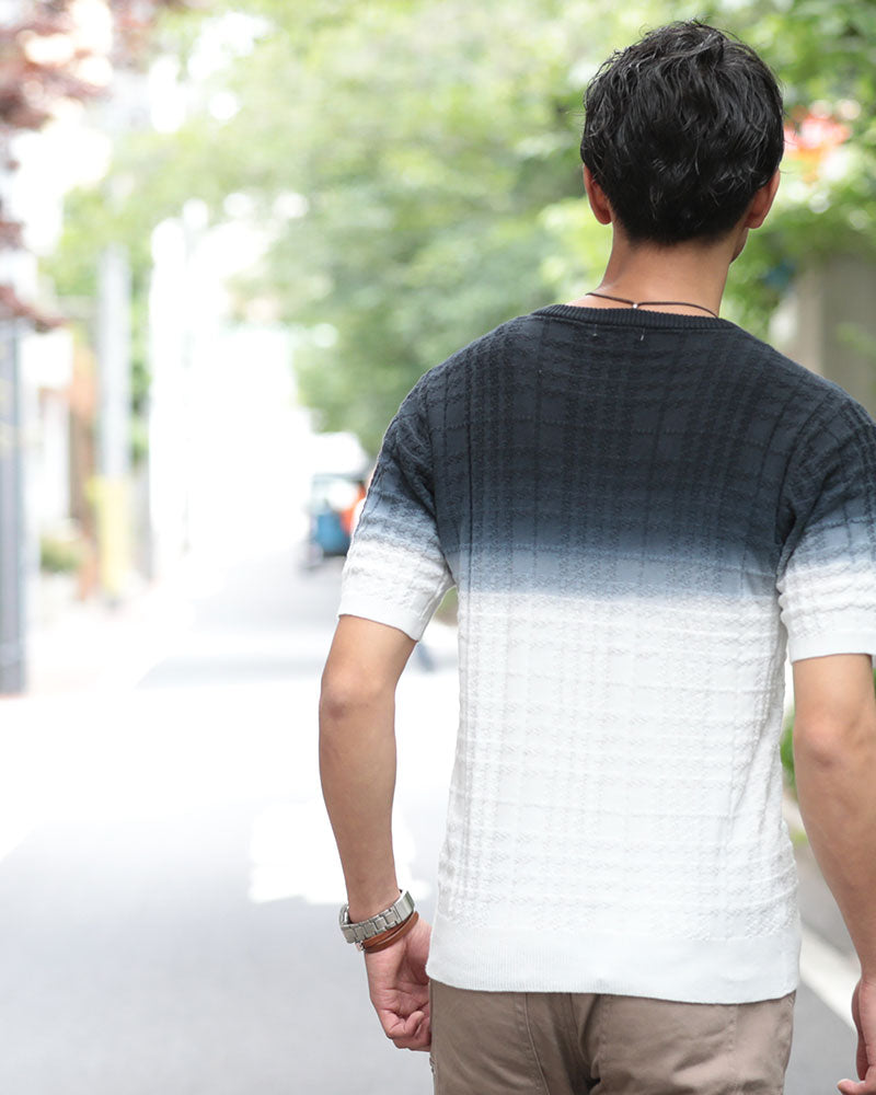 シェパードチェック×グラデーションデザイン半袖ニットソー