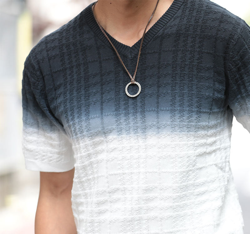 シェパードチェック×グラデーションデザイン半袖ニットソー