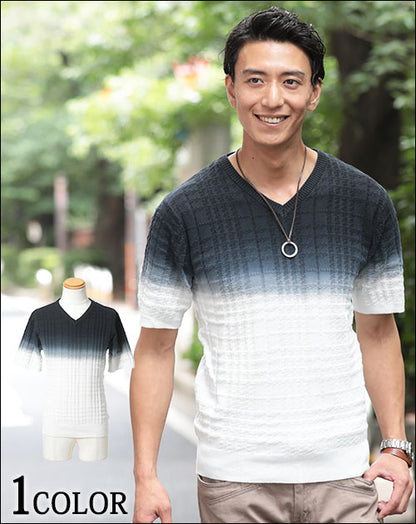 シェパードチェック×グラデーションデザイン半袖ニットソー