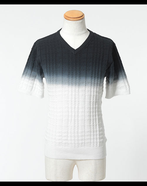シェパードチェック×グラデーションデザイン半袖ニットソー
