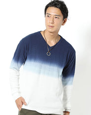 グラデーションデザインヘリンボーン編みVネックニット