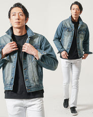 ちょいワル・イケオジメンズ3点コーデセット　ネイビーデニムジャケット×黒長袖Tシャツ×白スリムチノパンツ