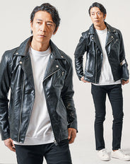 ちょいワル・イケオジメンズ3点コーデセット　黒レザーライダースジャケット×白長袖Tシャツ×黒スリムチノパンツ