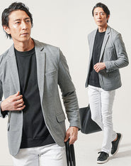 ちょいワル・イケオジメンズ3点コーデセット グレー長袖テーラードジャケット×黒長袖Tシャツ×白スリムチノパンツ