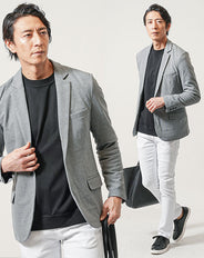ちょいワル・イケオジメンズ3点コーデセット グレー長袖テーラードジャケット×黒長袖Tシャツ×白スリムチノパンツ