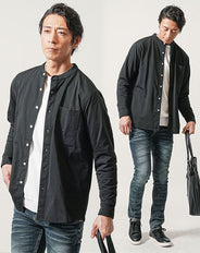 ちょいワル・イケオジメンズ3点コーデセット　黒長袖バンドカラーシャツ×白長袖Tシャツ×ダークブルーデニムパンツ