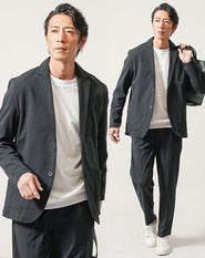 ちょいワル・イケオジメンズ3点コーデセット 黒長袖テーラードジャケット×白長袖Tシャツ×黒スリムスラックスパンツ