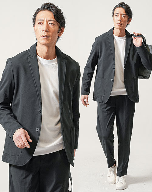 ちょいワル・イケオジメンズセットアップ3点コーデセット　黒長袖テーラードジャケット×白長袖Tシャツ×黒スリムスラックスパンツ
