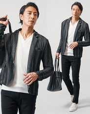 ちょいワル・イケオジメンズ3点コーデセット 黒長袖テーラードジャケット×白長袖Tシャツ×黒スリムチノパンツ
