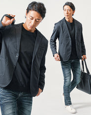 ちょいワル・イケオジメンズ3点コーデセット チャコール長袖テーラードジャケット×黒長袖Tシャツ×ブルースリムデニムパンツ