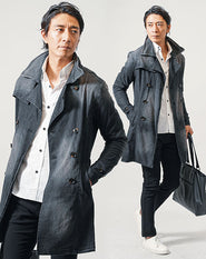 ちょいワル・イケオジメンズ3点コーデセット 黒デニムトレンチコート×白長袖シャツ×黒スリムチノパンツ