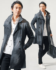 ちょいワル・イケオジメンズ3点コーデセット 黒デニムトレンチコート×白長袖シャツ×黒スリムチノパンツ