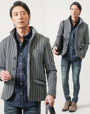 ちょいワル・イケオジメンズ3点コーデセット グレー長袖ジャケット×ネイビー長袖オックスフォードシャツ×ダークブルーテーパードデニムパンツ