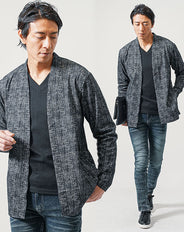 ちょいワル・イケオジメンズ3点コーデセット 黒長袖カーディガン×黒長袖Tシャツ×ダークブルーテーパードデニムパンツ