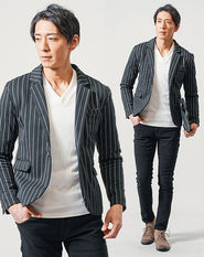 ちょいワル・イケオジメンズ3点コーデセット 黒長袖テーラードジャケット×白長袖Tシャツ×黒スキニーテーパードチノパンツ