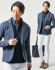 ちょいワル・イケオジメンズ3点コーデセット ネイビー長袖テーラードジャケット×ネイビー長袖シャツ×白スリムテーパードチノパンツ