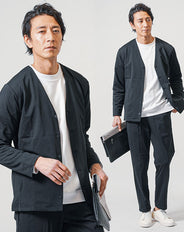 ちょいワル・イケオジメンズ3点コーデセット 黒ノーカラージャケット×白長袖Tシャツ×黒テーパードイージーパンツ