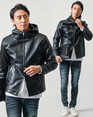 ちょいワル・イケオジメンズ3点コーデセット　黒ライダースパーカー×白長袖Tシャツ×ダークブルースリムデニムパンツ