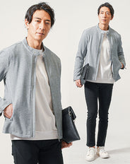 ちょいワル・イケオジメンズ3点コーデセット グレーシングルライダースジャケット×白長袖Tシャツ×黒スリムテーパードチノパンツ