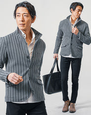 ちょいワル・イケオジメンズ3点コーデセット グレー長袖スタンドカラージャケット×白長袖シャツ×黒スリムテーパードチノパンツ