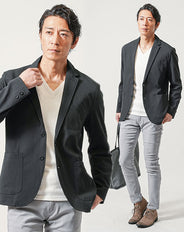 ちょいワル・イケオジメンズ3点コーデセット 黒長袖テーラードジャケット×白長袖Tシャツ×グレースリムテーパードチノパンツ