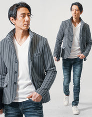 ちょいワル・イケオジメンズ3点コーデセット グレー長袖スタンドカラージャケット×白長袖VネックTシャツ×ダークブルースリムデニムパンツ