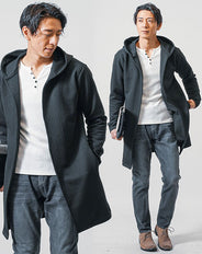 ちょいワル・イケオジメンズ3点コーデセット　黒長袖ロングパーカー×白長袖ヘンリーネックTシャツ×インディゴスリムデニムパンツ