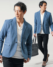 ちょいワル・イケオジメンズ3点コーデセット ブルー長袖デニムテーラードジャケット×白長袖Tシャツ×黒スリムチノパンツ