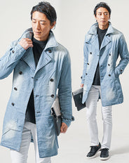 ちょいワル・イケオジメンズ3点コーデセット　サックスデニムトレンチコート×黒長袖Tシャツ×白スリムテーパードチノパンツ