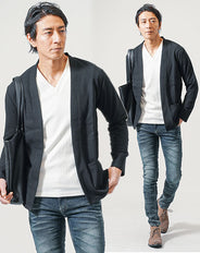 ちょいワル・イケオジメンズ3点コーデセット 黒長袖カーディガン×白長袖VネックTシャツ×ダークブルースリムテーパードデニムパンツ