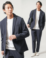 ちょいワル・イケオジメンズ3点コーデセット ネイビー長袖テーラードジャケット×白長袖Tシャツ×ネイビースラックスイージーパンツ