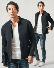 ちょいワル・イケオジメンズ3点コーデセット　黒ライダースジャケット×白長袖Tシャツ×ダークブルースリムデニムパンツ