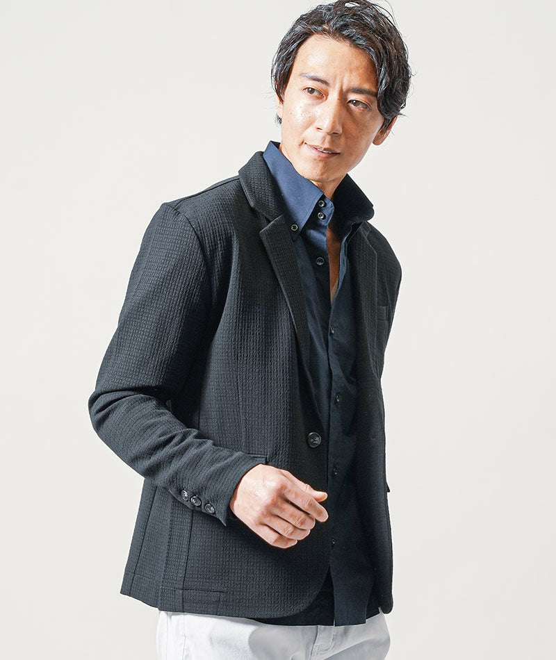 ちょいワル・イケオジメンズ3点コーデセット　黒長袖テーラードジャケット×ネイビー長袖シャツ×白スリムテーパードアンクルチノパンツ