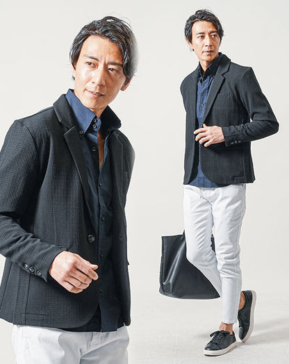 ちょいワル・イケオジメンズ3点コーデセット　黒長袖テーラードジャケット×ネイビー長袖シャツ×白スリムテーパードアンクルチノパンツ